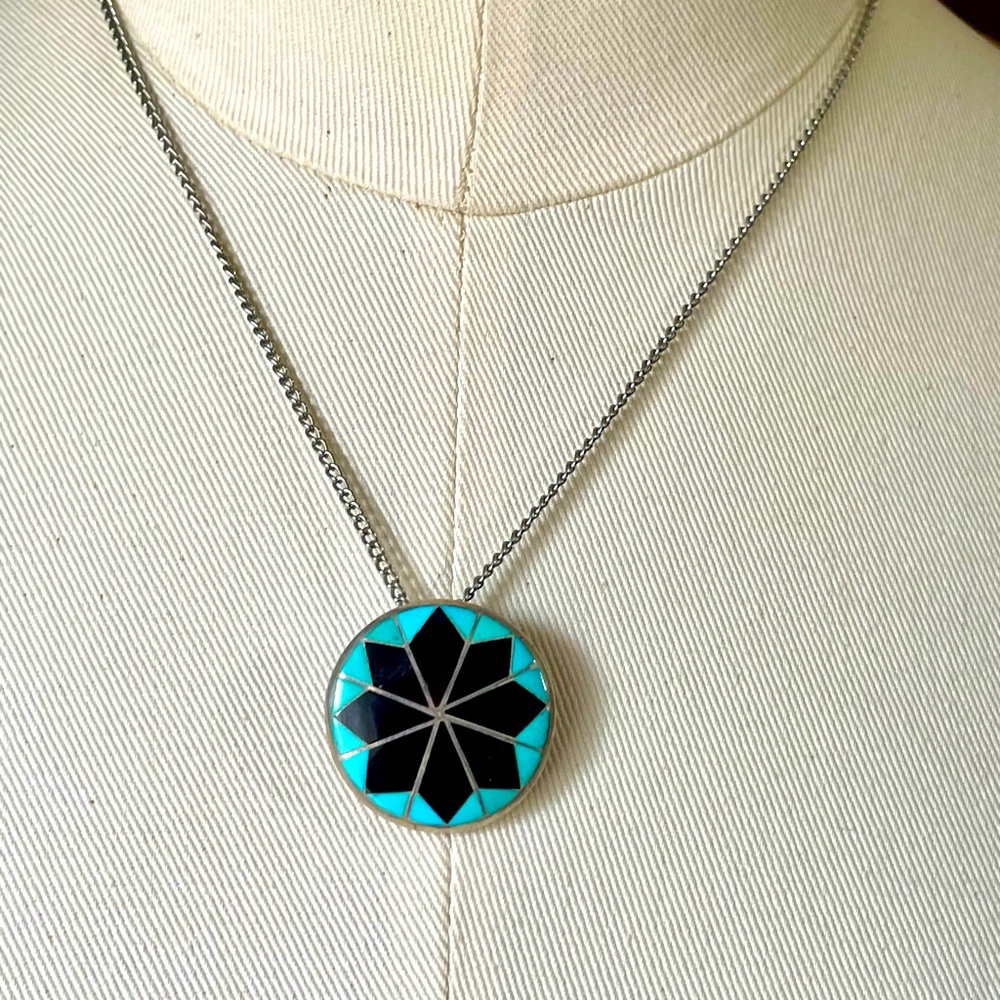 Vintage Zuni Sterling Inlay Pinwheel Pendant/Brooch